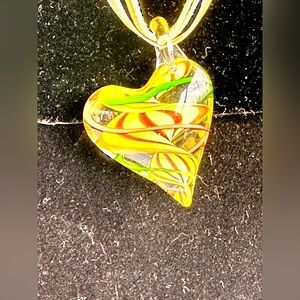 Murano Style Art Blown Glass Lime/yellow Heart Swirl Pinwheel Design Necklace